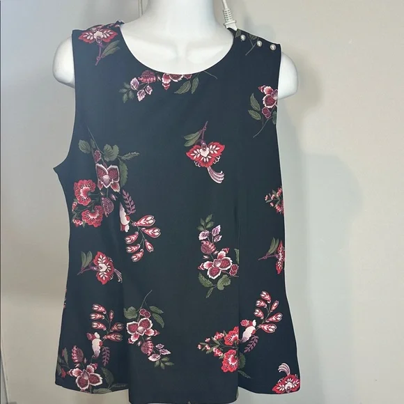 Large Ann Taylor Factory Black and Red Floral Blouse fitted waist pearl accents - Picture 1 of 8